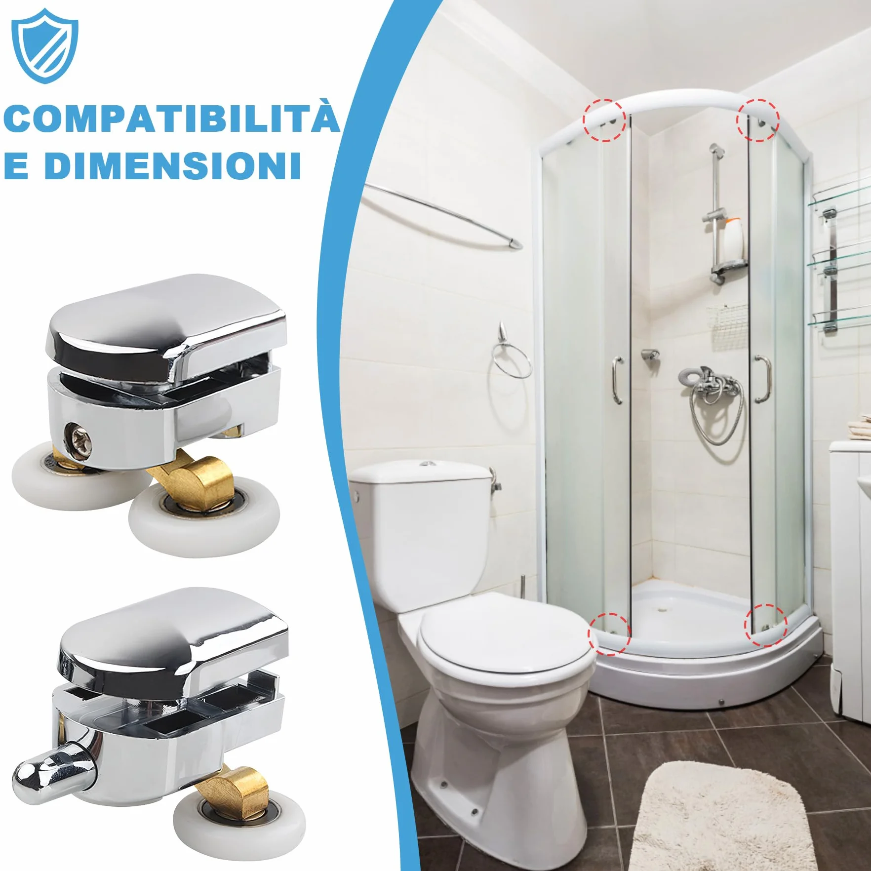 Rulli per Porta Doccia Ø25 mm, Rotelle per Box Doccia in Vetro 4-6 mm, Kit Porta Scorrevole