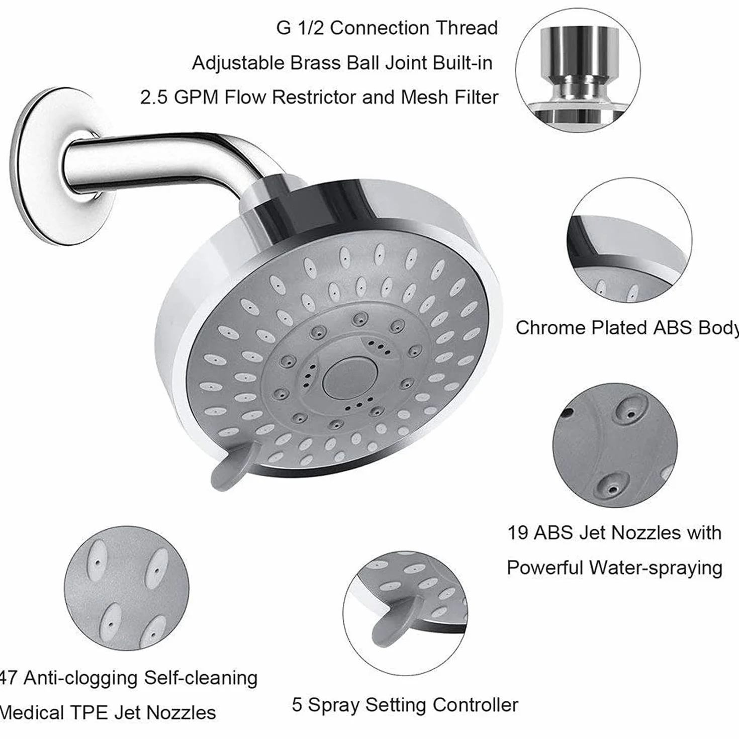 Soffione Doccia Fisso Anticalcare 5 Impostazioni 360° Rotondo 2.5 GPM