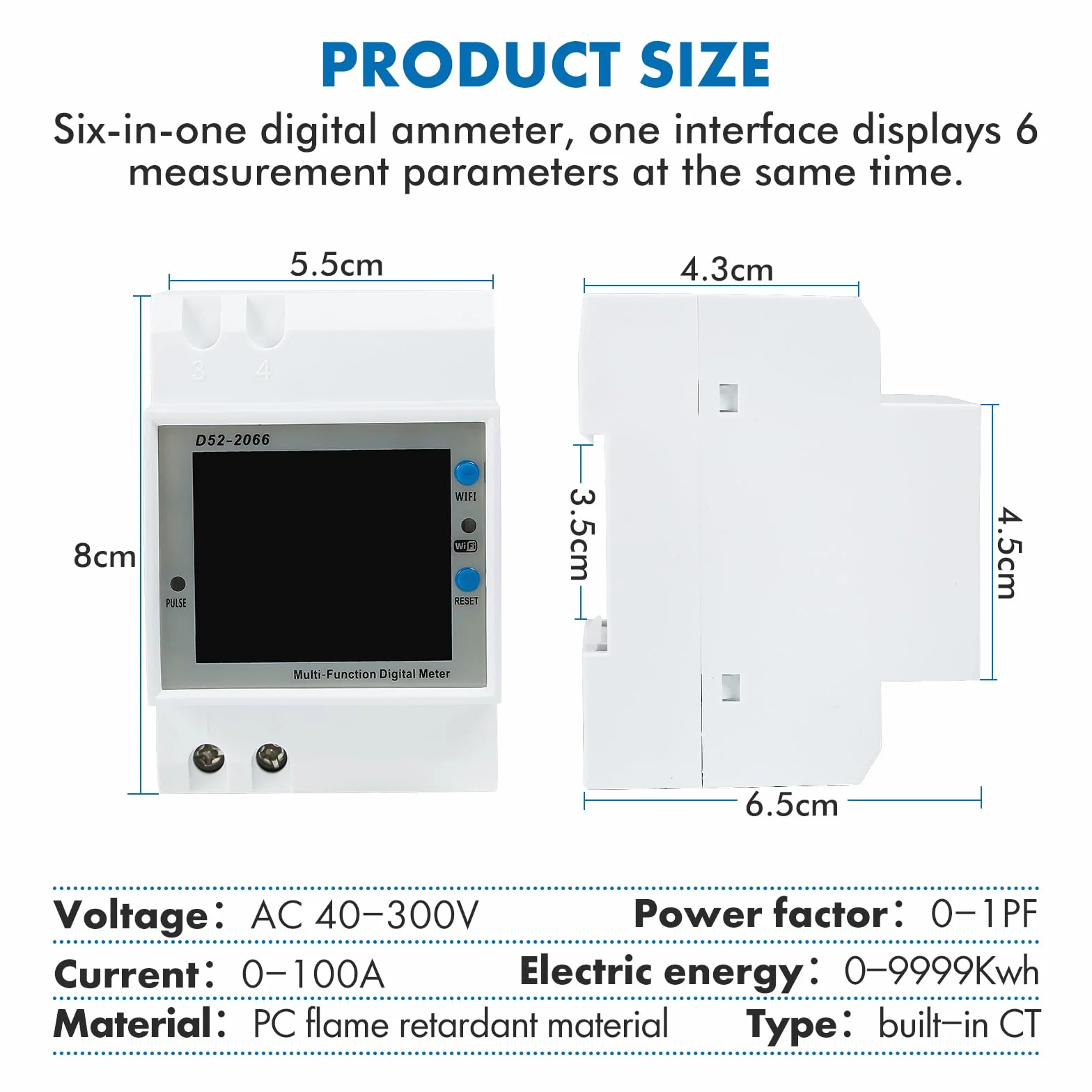 Contatore di Energia guida DIN 6 in 1 Digitale 1 Fase 2 Fili LCD Voltmetro Amperometro Multifunzione AC40-300V 100A