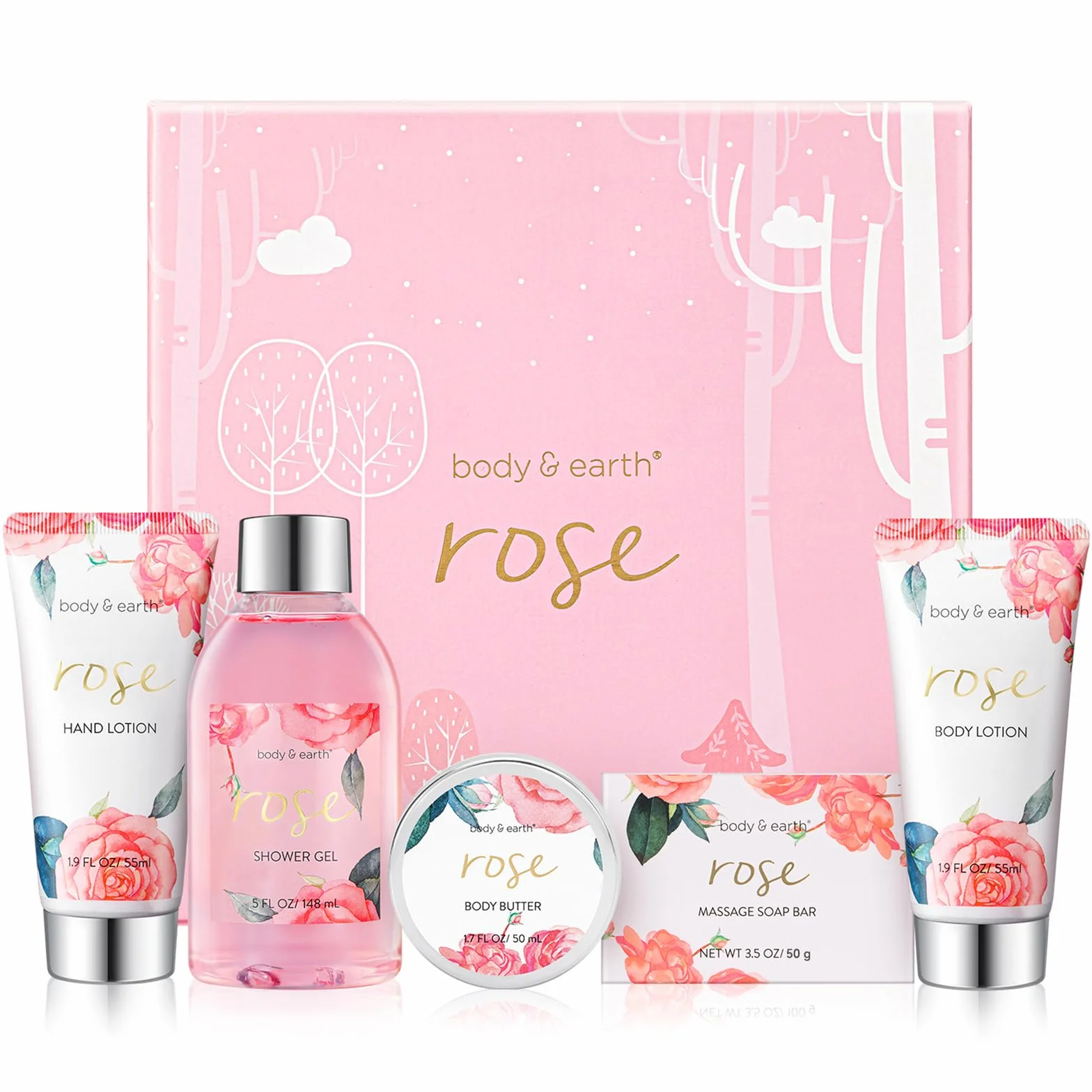 BODY & EARTH Confezione Regalo per Donne, 5 Pezzi, Rosa, gel Doccia, Burro per il Corpo, Crema per Le mani, Lozione per il Corpo, Regalo di Compleanno, Fidanzata, San Valentino per lei