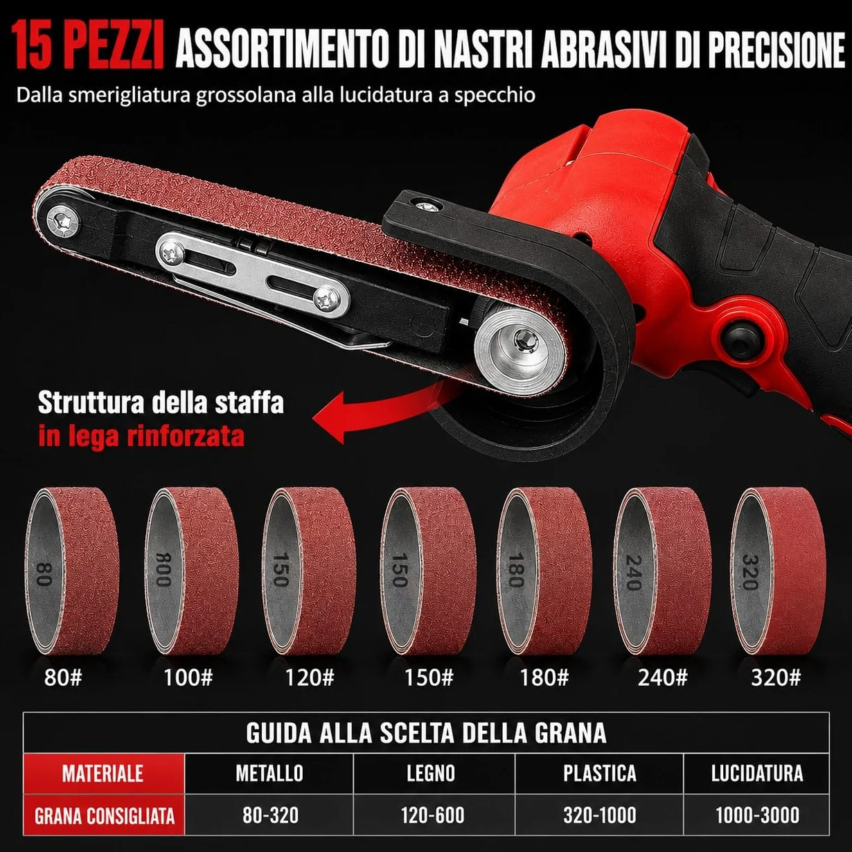 Mini Levigatrice a Nastro a Batteria 24V 10x330mm 360° con 2 Batterie 10 Nastri Abrasivi per Metallo Legno