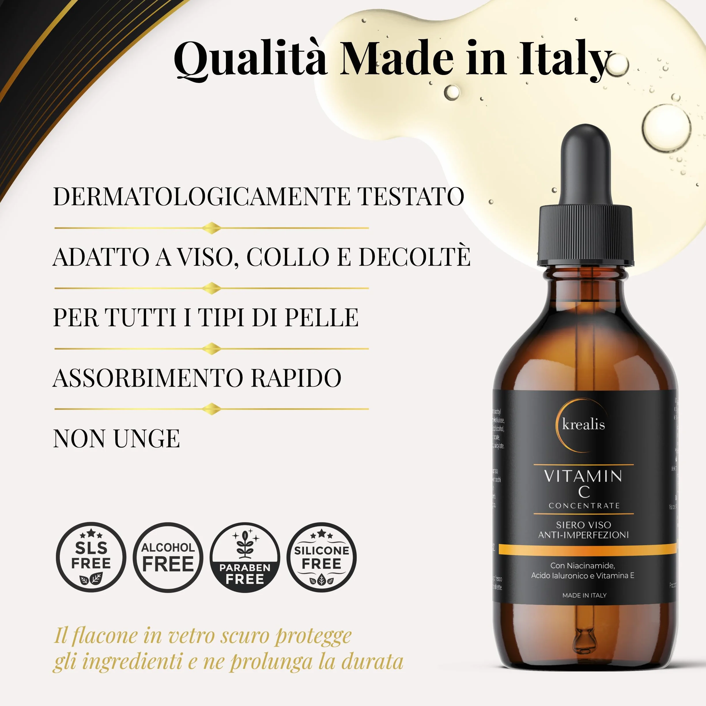 KREALIS •100ml• Siero Vitamina C Viso Acido Ialuronico con Niacinamide, Vitamina E, Aloe Bio, Antimacchia, Anti Imperfezioni, Siero Viso Contorno Occhi Antirughe E Occhiaie