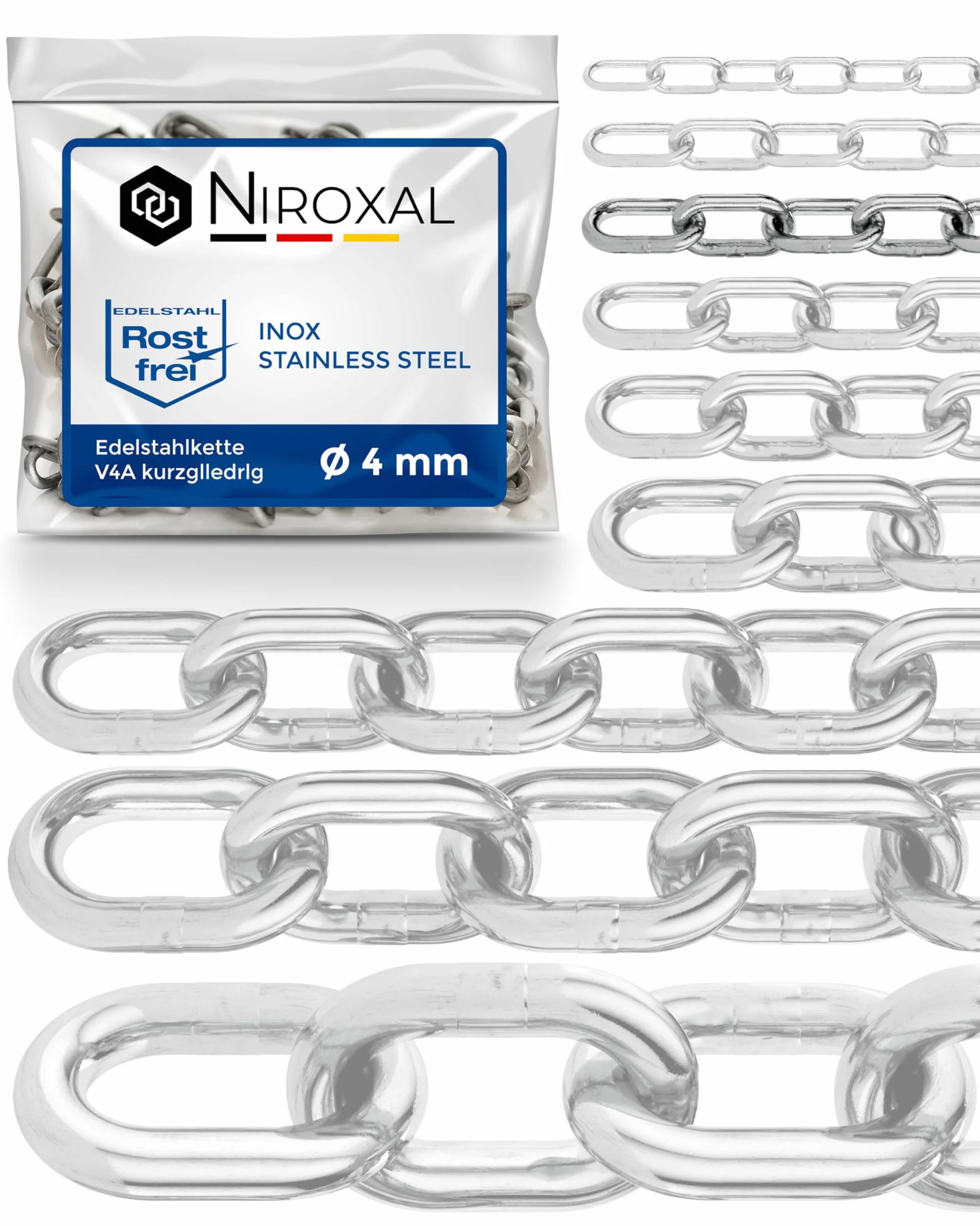 Catena acciaio inox A4 V4A AISI 316 Ø4 mm maglia corta 0,5 m DIN 5685 DIN 766 carico di rottura 800 kg