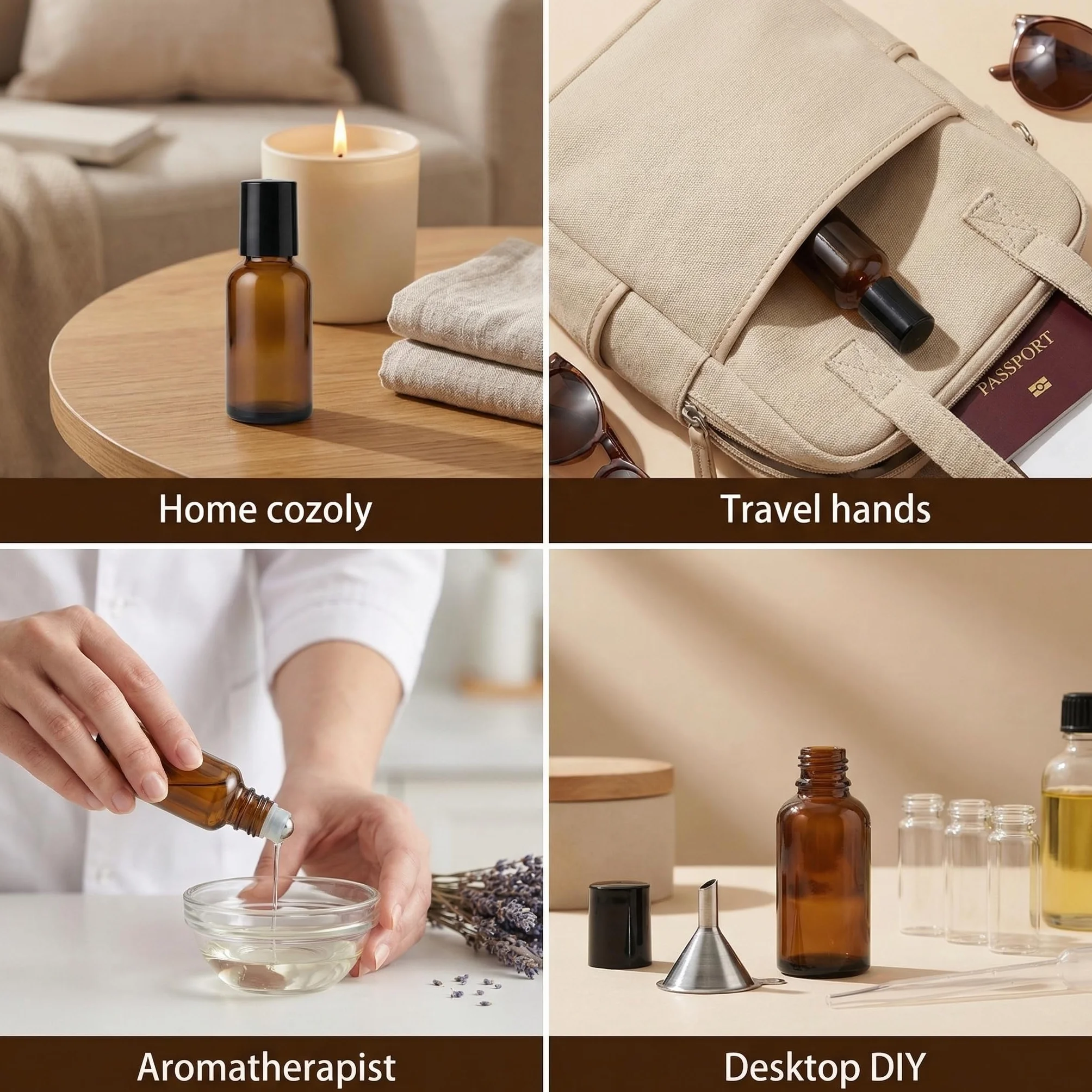 3 flaconcini vuoti di alta qualità da 50 ml in vetro, ricaricabili, con roll-on, per oli essenziali, profumi, essenze, con sfera in acciaio inox e coperchio nero