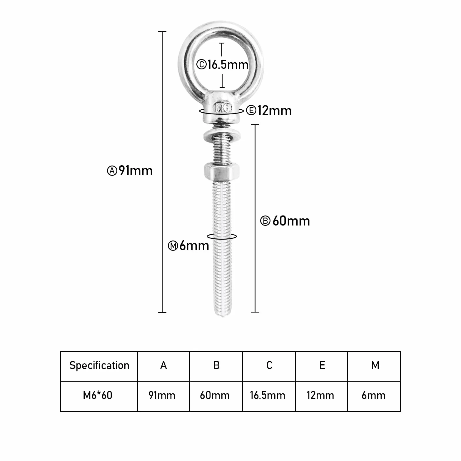 Bullone a occhiello in acciaio inox 316 M6x60mm 6 pezzi