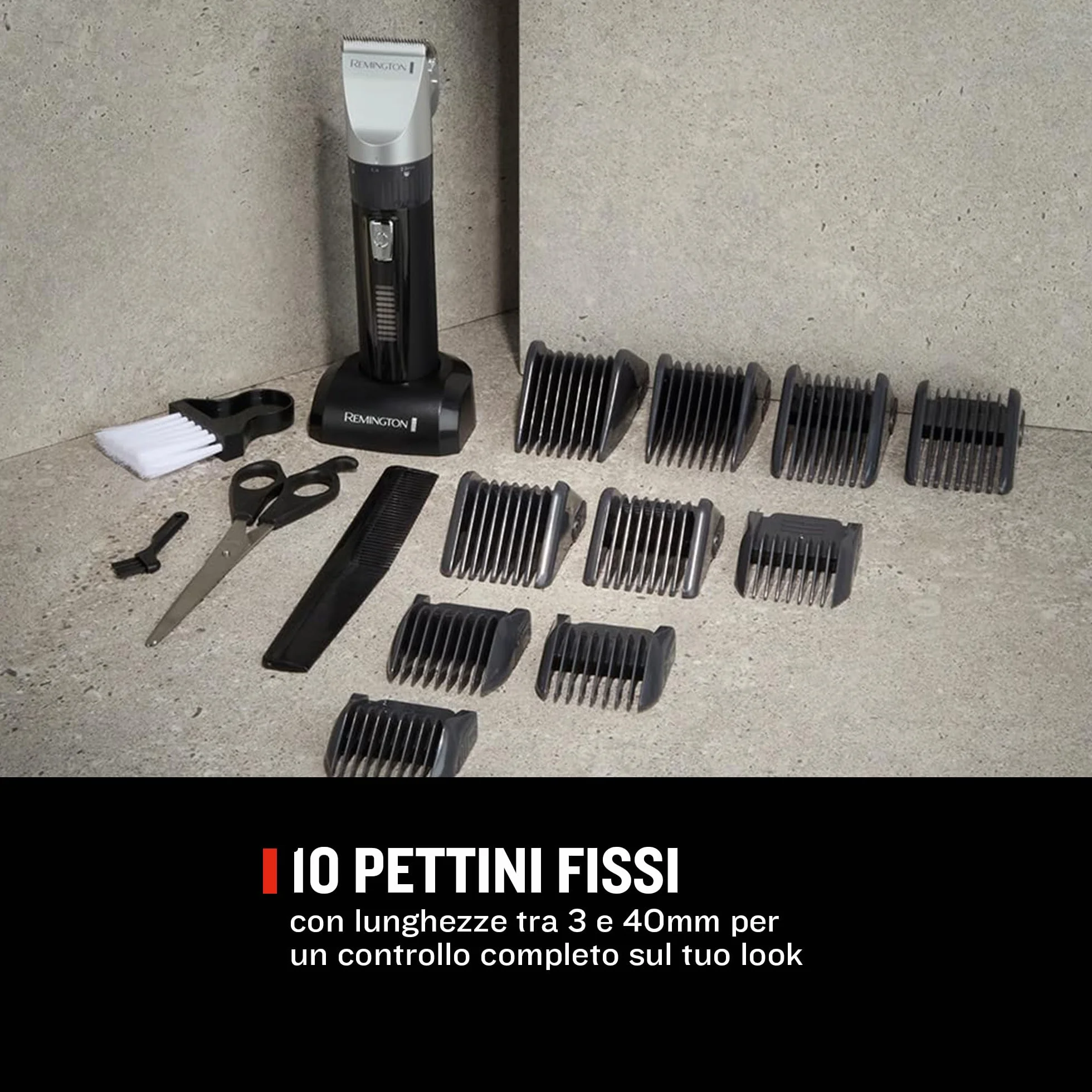 Remington Tagliacapelli Professionale - Lame in Ceramica autoaffilanti - 10 pettini, Funzionamento a rete-batteria, Batteria al litio a lunga durata, Custodia pro in alluminio, Mantella, HC5811