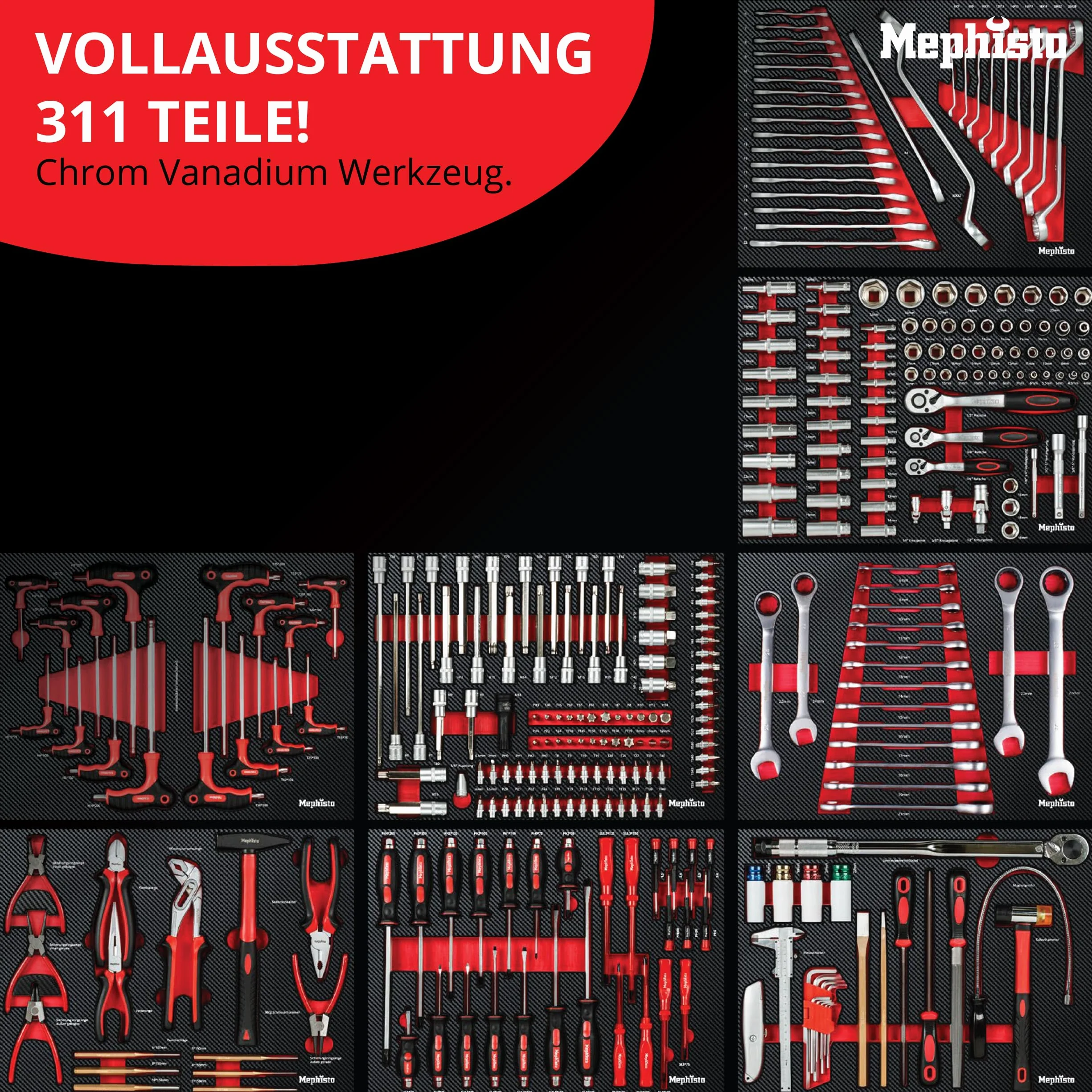 Mephisto XXL Carrello degli attrezzi 7 cassetti inserti morbidi carbonio set chiavi a brugola