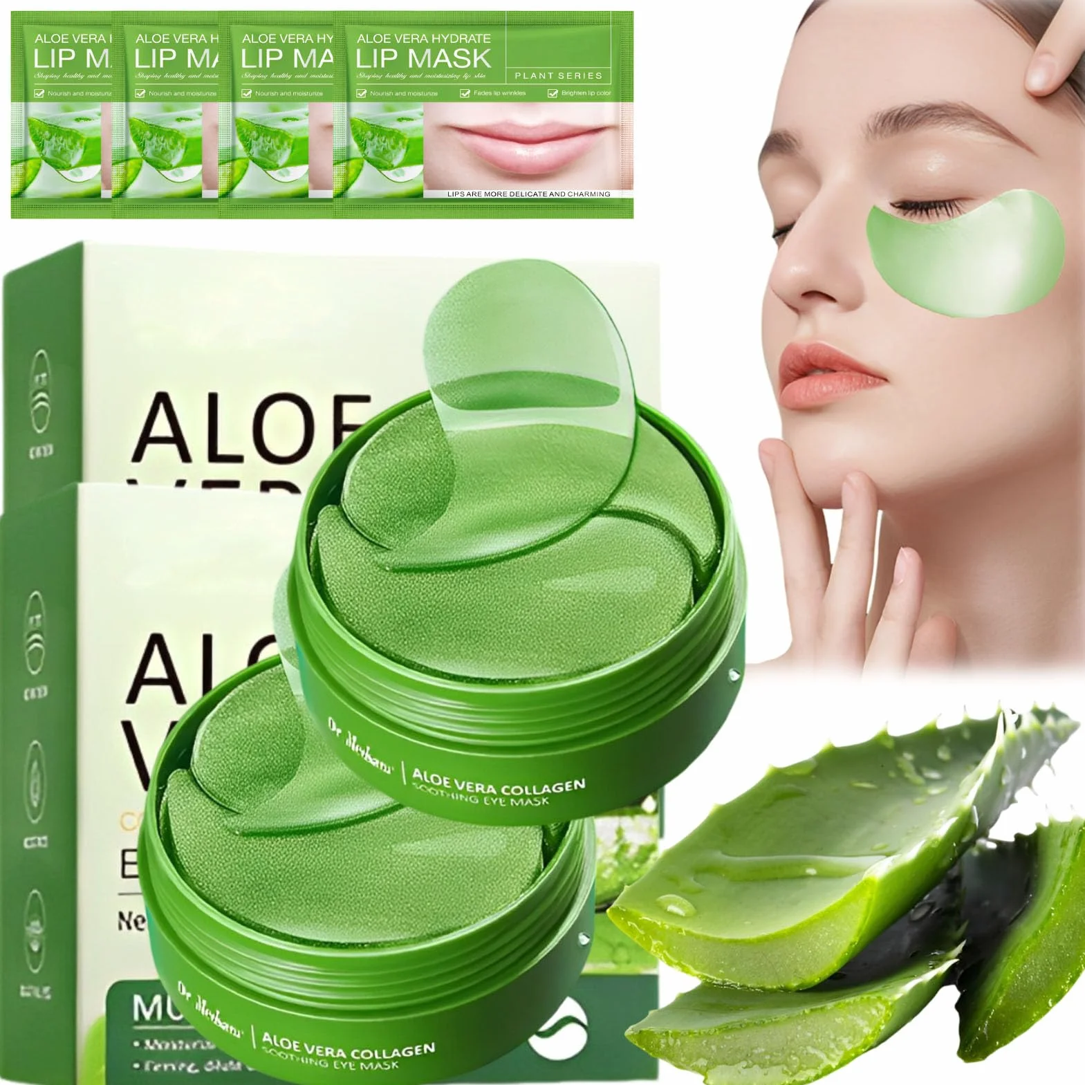120 Pcs Patch Occhi Aloe Vera, Patch Occhiaie Aloe Vera, Collagene mask Occhi, con Maschera per le Labbra, Anti-Occhiaie, Rimuove Borse e Gonfiori, Idrata il Contorno Occh