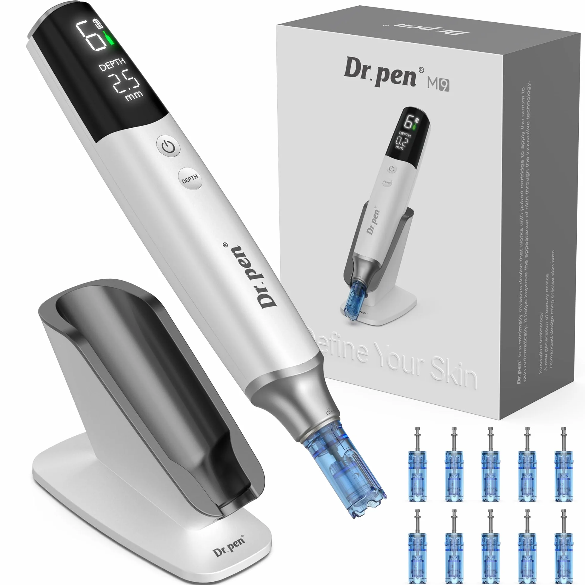 Dr. pen M9 Microneedling Pen, Nuovo Modello 2026 con Regolazione Automatica One-Touch e Chip Intelligente, Base Ricaricabile, 700 mAh, per Rughe, Cicatrici e Barba – 10 Cartucce