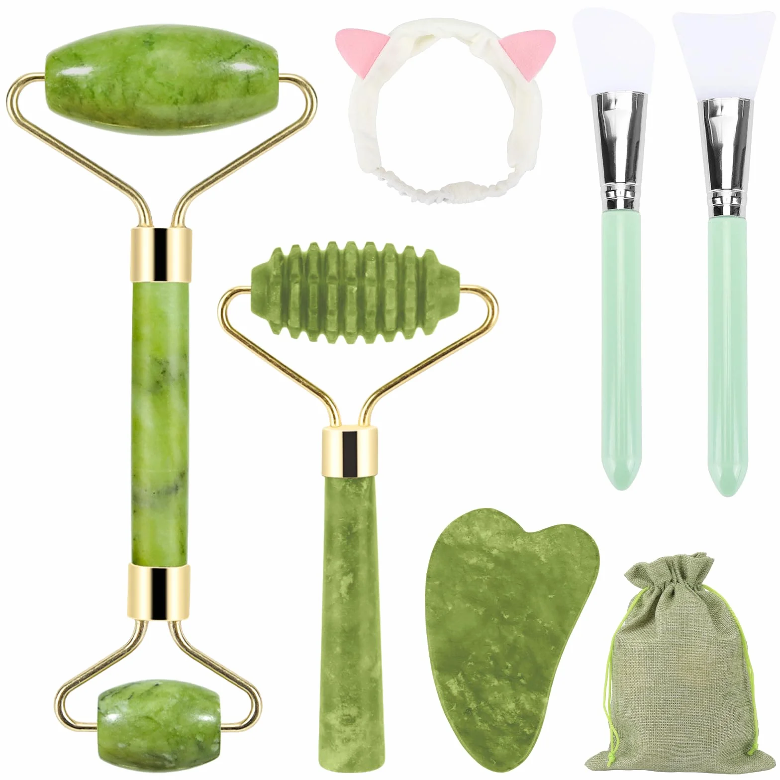 Coicok 7 pezzi Jade Gua Sha Stone Set, Gua Sha e rullo per il viso Beauty Massager Skincare, Jade Roller, massaggiatore naturale verde, rullo massaggiatore anti-invecchiamento, regalo di bellezza