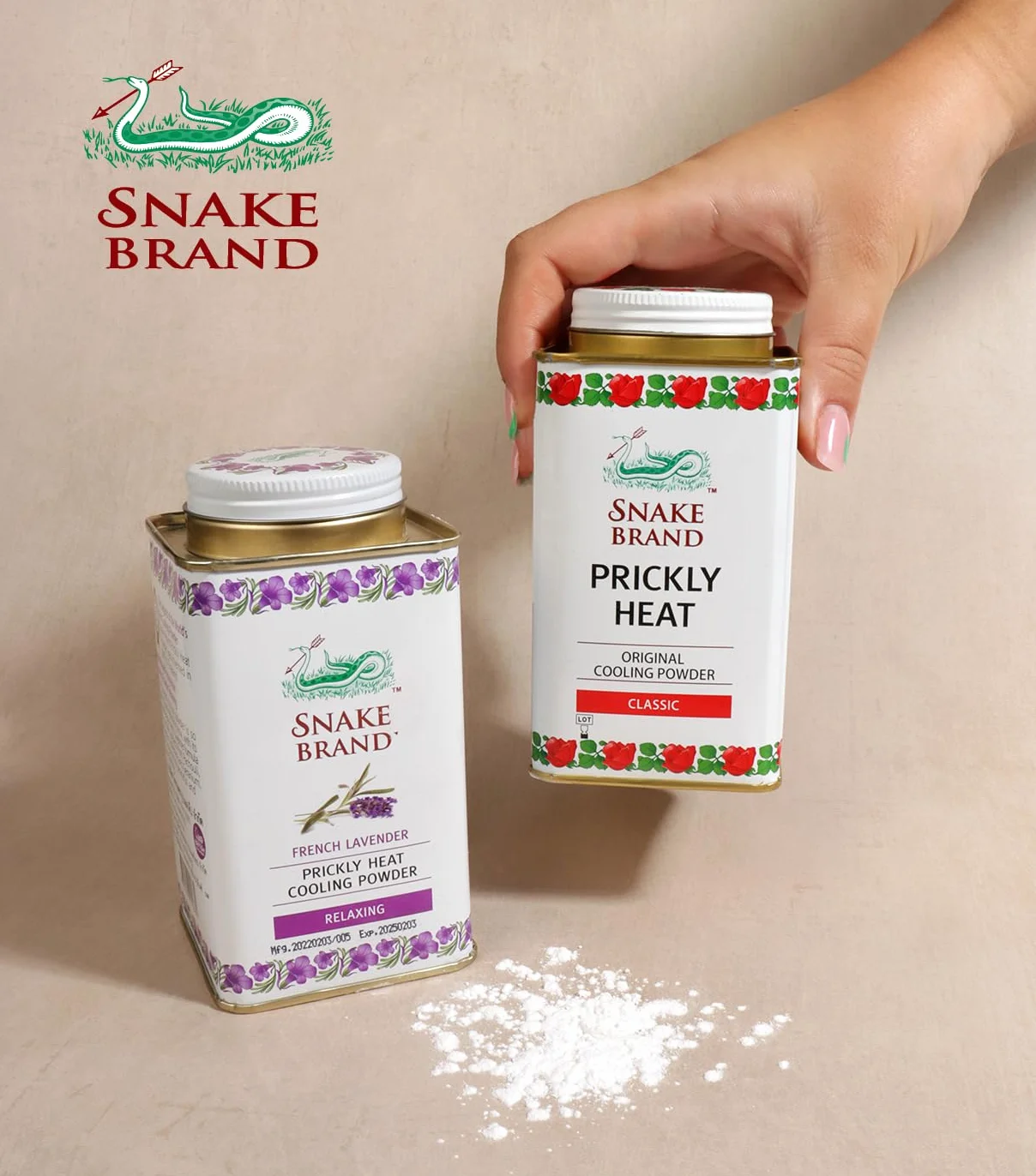 SNAKE BRAND Prickly - Polvere per il corpo rinfrescante, 140 g, confezione da 2 pezzi, lavanda classica e rilassante (1 di ciascuno)