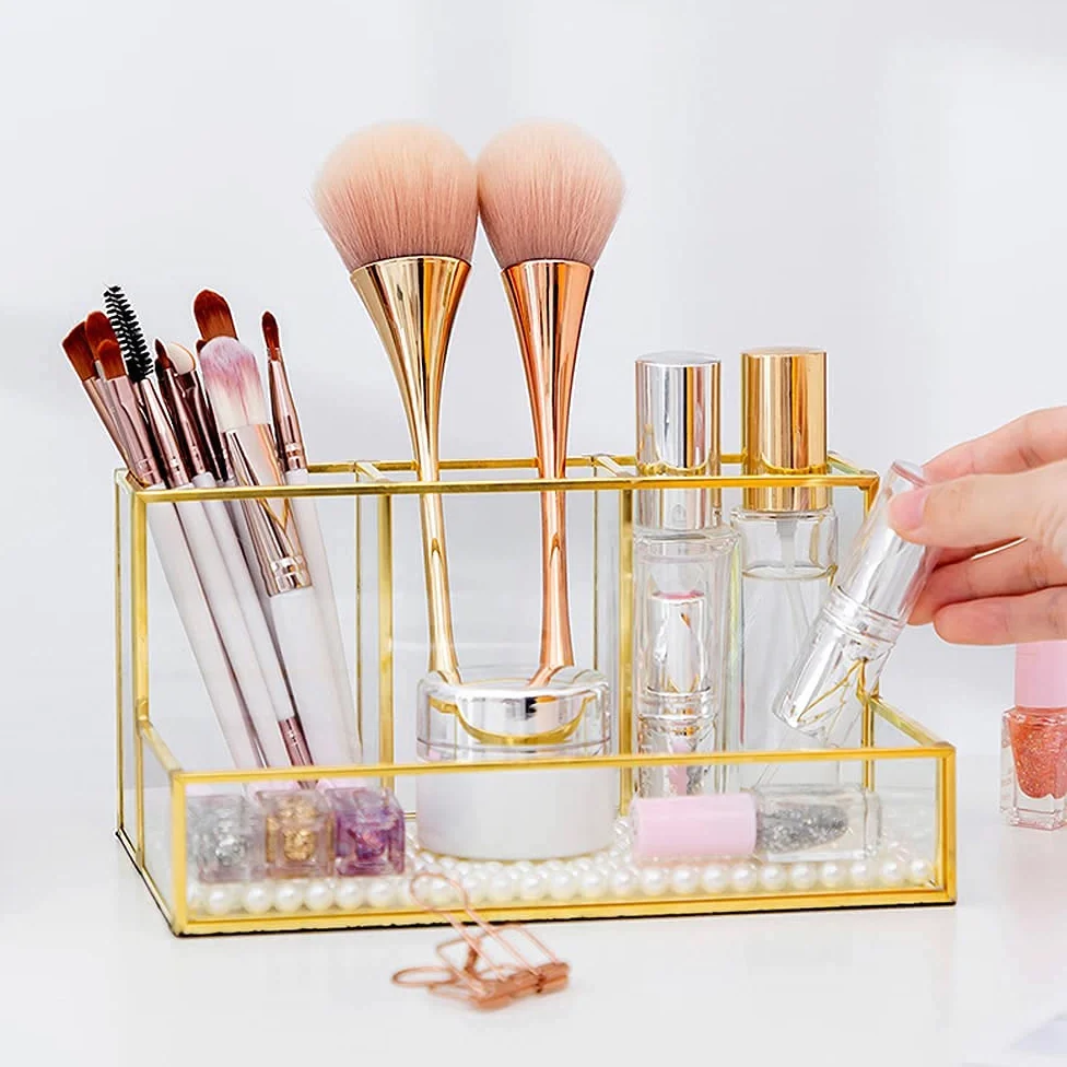Porta Pennelli per Trucco - Organizer per Cosmetici Oro - Organizer per Trucco Trasparente - Scatola Portaoggetti da Scrivania - Vassoio Portaoggetti per Gioielli in Vetro
