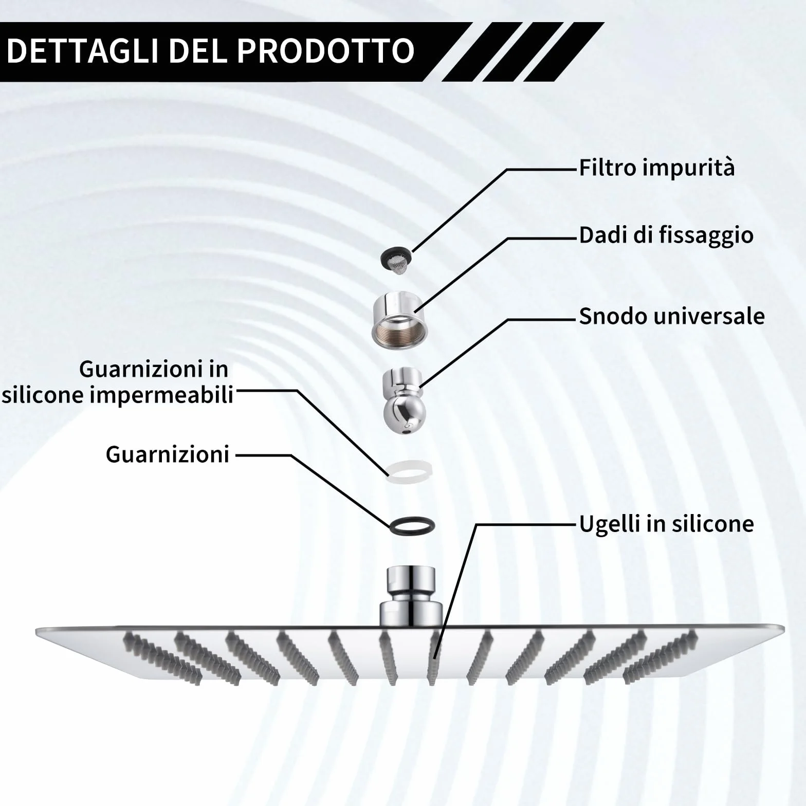 Soffione Doccia Fisso Quadrato 30x30 cm 304 Acciaio Inox Pioggia 144 Ugelli Silicone Anticalcare Regolabile 360° Cromo