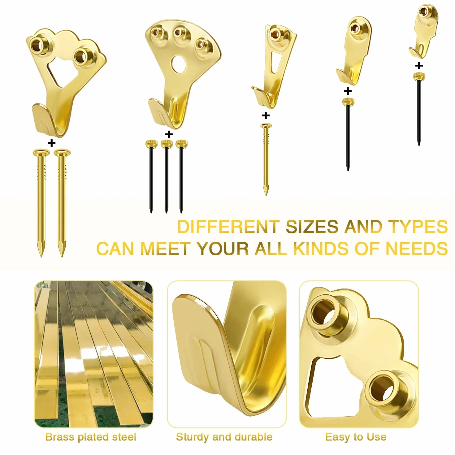 VooGenzek 44 Pezzi Kit Ganci Cornice Pareti Dure, Ganci Metallo Quadri Heavy Duty Immagine con Chiodi