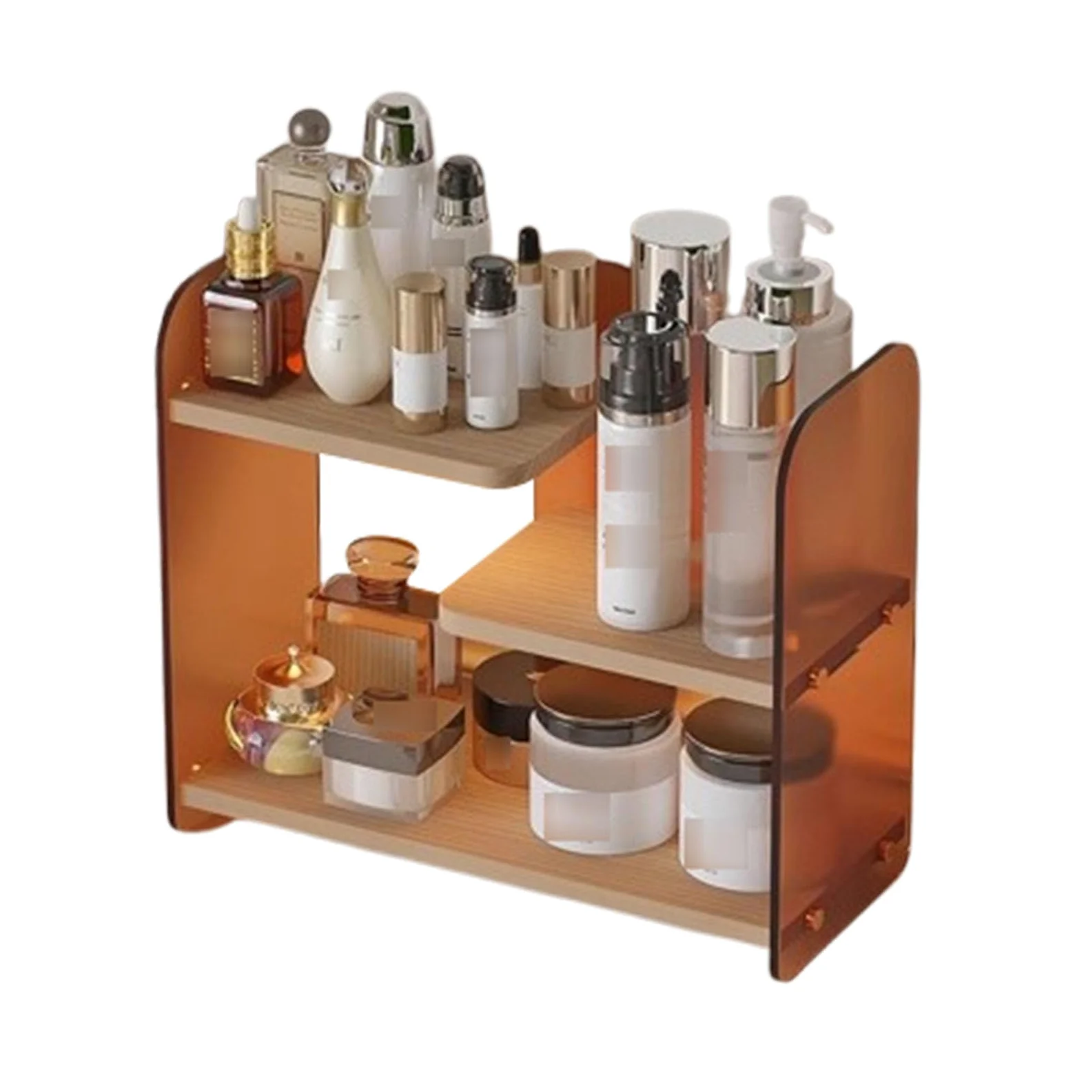 Organizer per trucchi a 3 livelli, in legno e acrilico, per prodotti per la cura della pelle e profumi, organizer per trucchi da banco per bagno e cassettiera