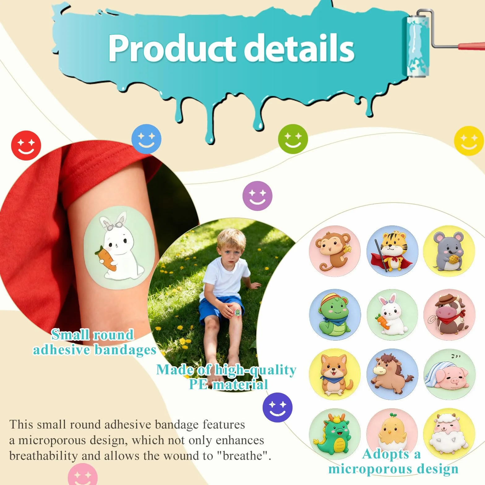 Cerotti per Bambini 120 Pezzi, Cerotti Adesivi Rotondi da 2,2 cm con Cartoni Animati, Tessuto Flessibile per Piccole Ferite, Brufoli e Vaccinazioni, Protezione Completa per la Pelle Sensibil