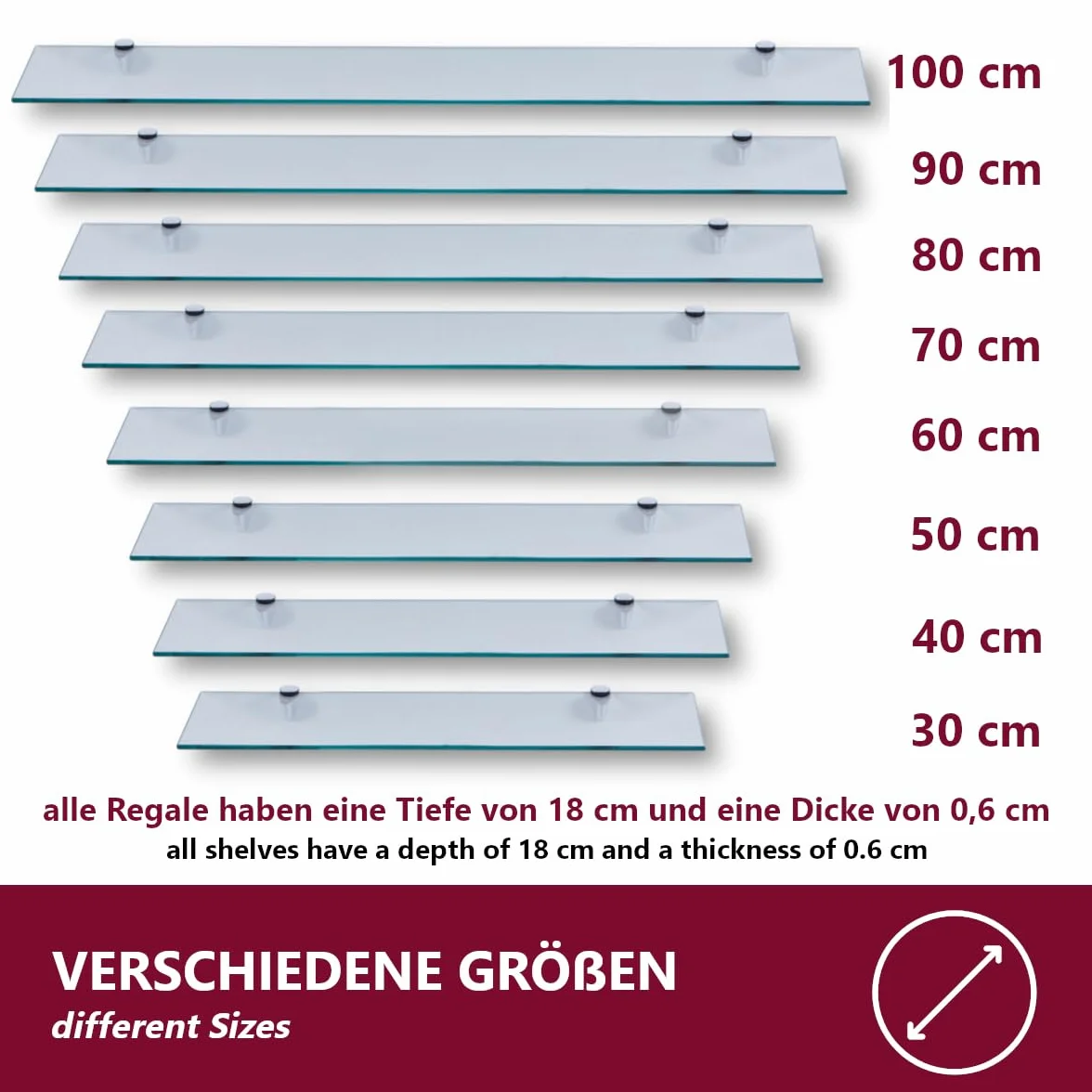 Mensola da parete in vetro ESG 6 mm 90 x 17,8 cm per bagno doccia con staffe in metallo trasparente