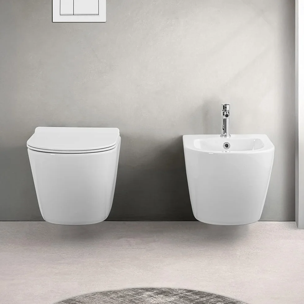 Set Sanitari Vaso + Bidet Sospesi Rimless Bianco con Copriwater Soft-Close