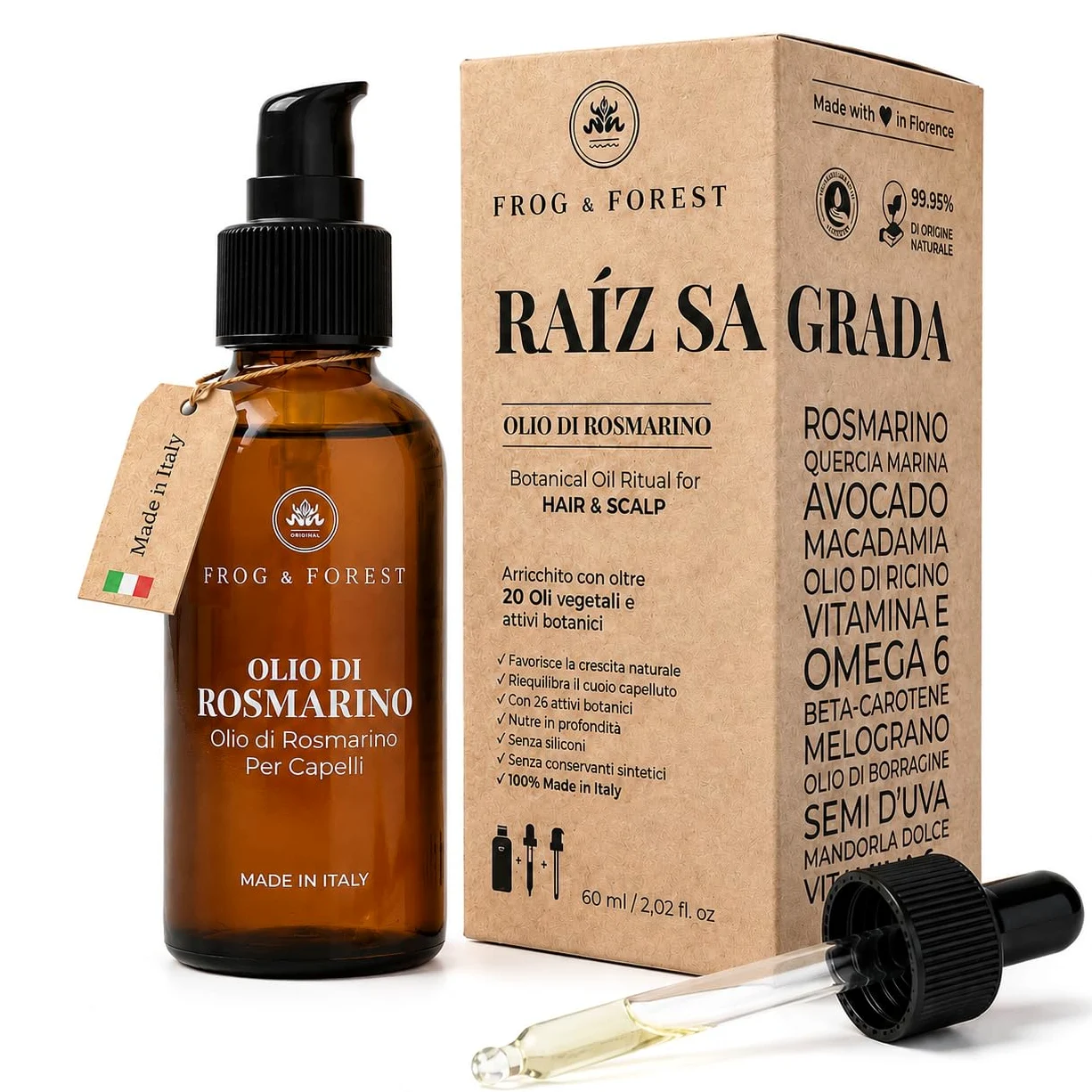 FROG & FOREST Olio di Rosmarino per Capelli Ricci e Fini, Favorisce la Crescita e Riduce la Caduta, Formula Naturale al 99,95% con Ricino e Avocado, per Capelli Indeboliti, Made in Italy